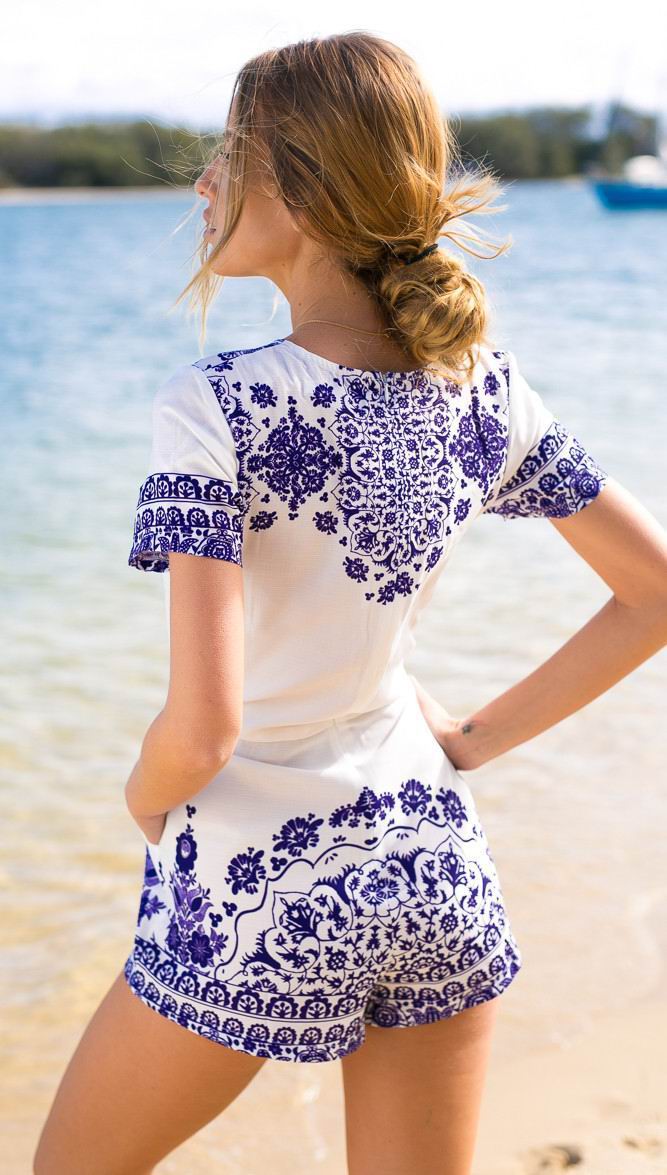 F2439 Blue and White Porcelain Playsuit